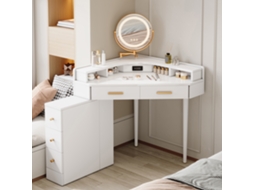 Conjunto moderno branco: Cômoda com 6 gavetas e detalhes dourados + espelho quadrado 80x108 cm. Ideal para hall de entrada, quarto e sala de estar.