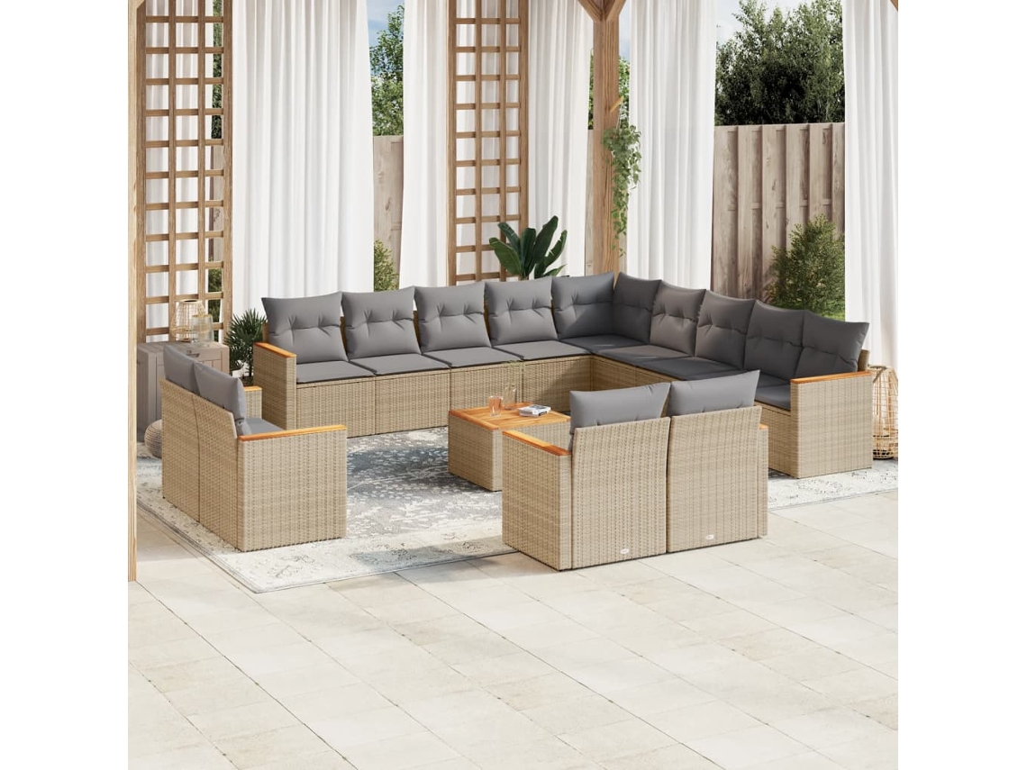 Vidaxl 14 Pcs Conj. Sofás Jardim C/ Almofadões Vime Pe Bege Misturado