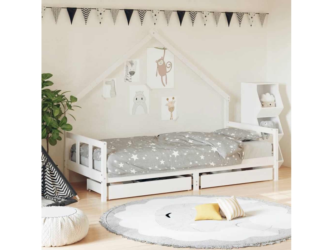 Vidaxl Estrutura Cama Infantil C/ Gavetas 90x200cm Pinho Maciço Branco