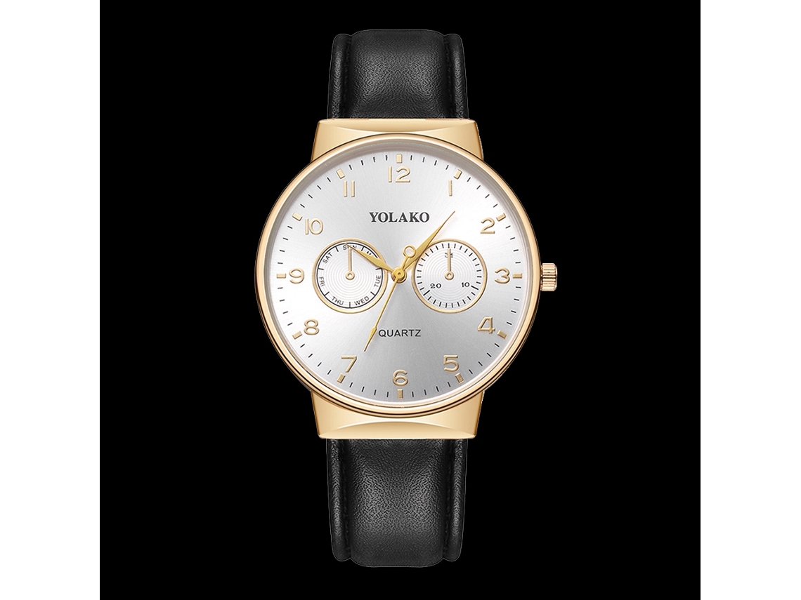 Relógio de pulso masculino, design simples e elegante, caixa em couro PU dourado e pulseira preta.