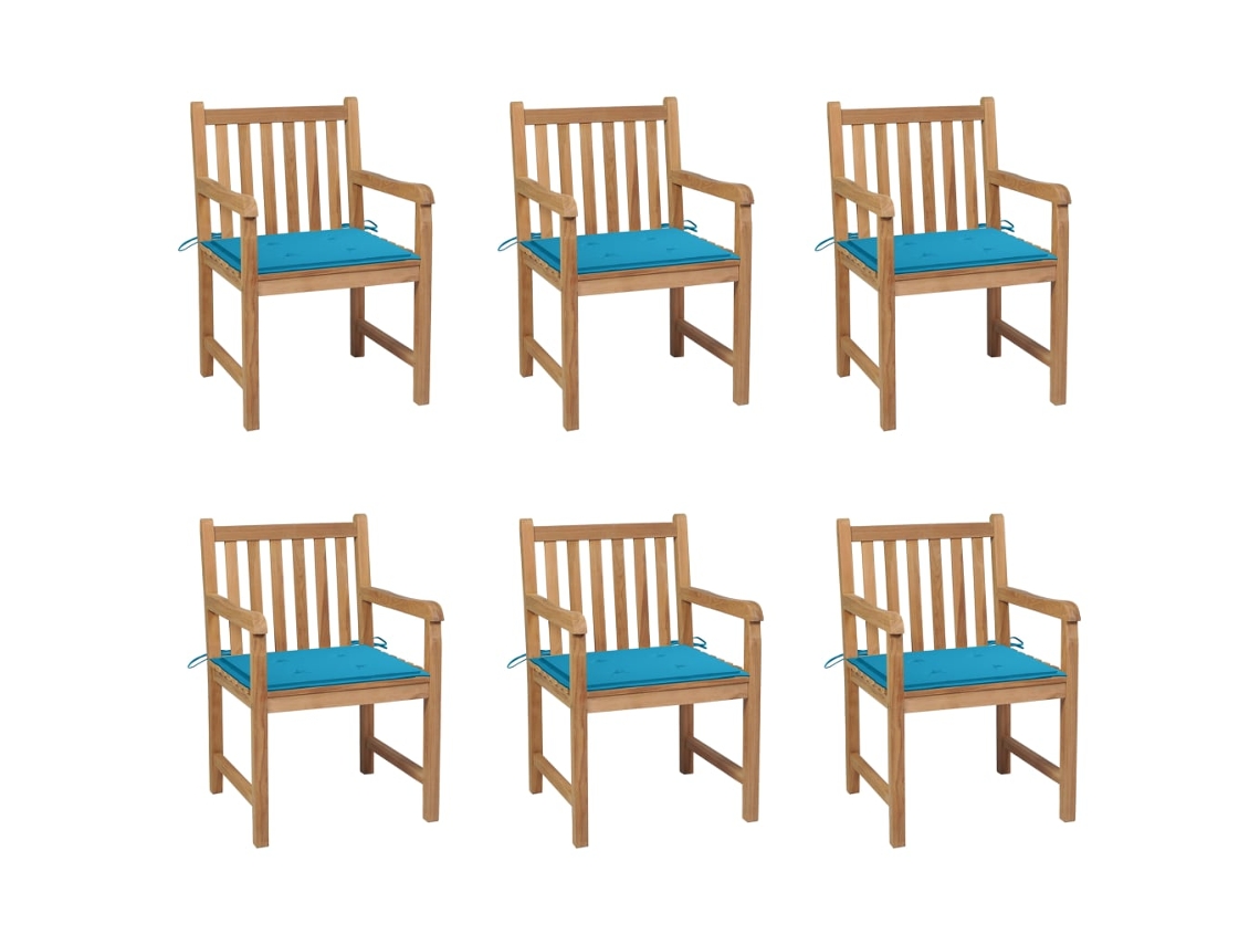 Vidaxl Cadeiras De Jardim C/ Almofadões Azuis 6 Pcs Teca Maciça
