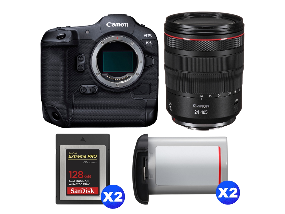 Eos R3 + Rf 24 105mm F/4 L Is Usm + 2 Sandisk 128gb Extreme Pro Cfexpress Type B + 2 Canon Lp e19 + Ebook “20 Dicas para Fotos Que Impressionam” CANON