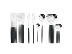 Conjunto de Talheres de Aço Inoxidável com 24 Peças, Incluindo Faca, Colher e Garfo. MDUG (preto e Prata)
