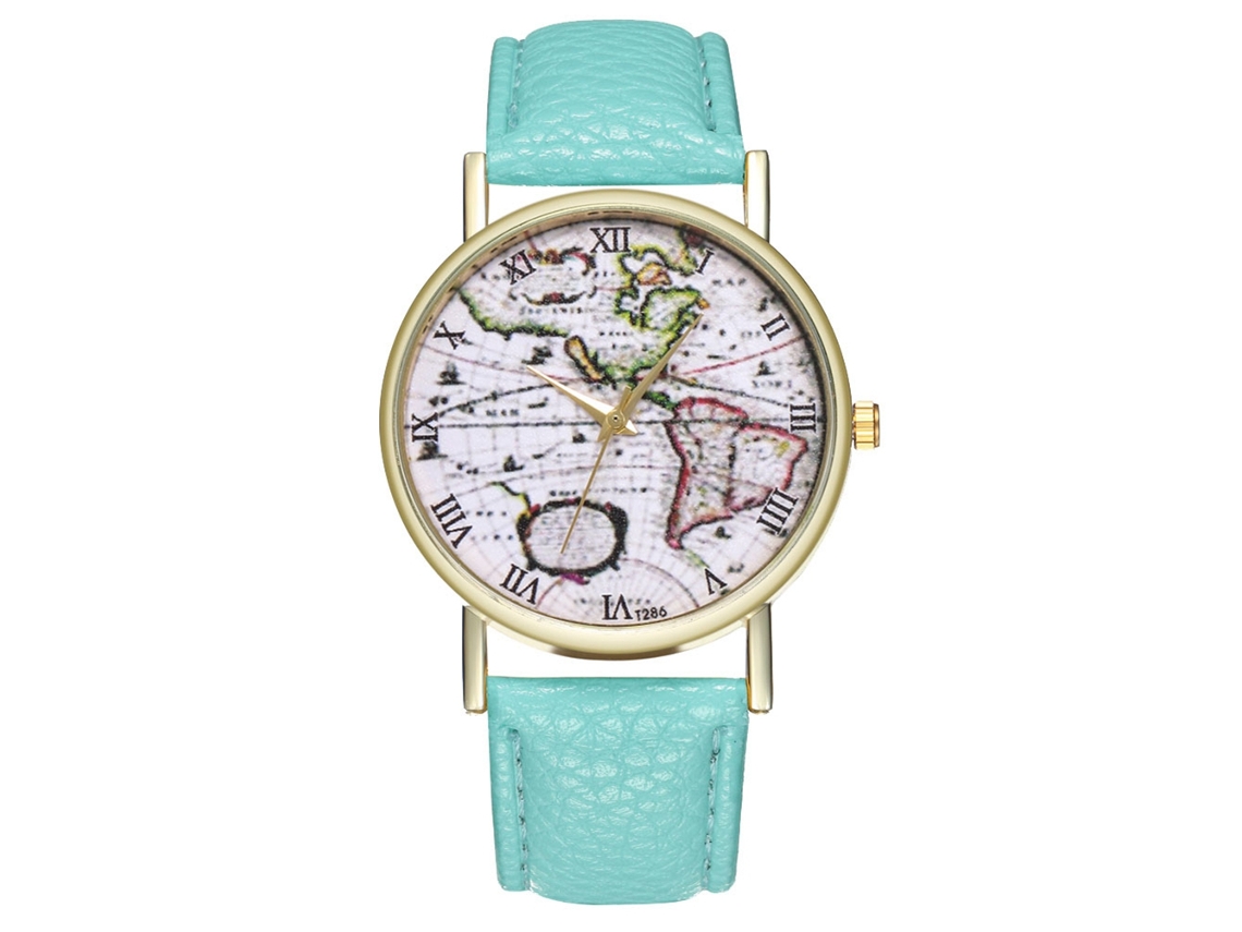 Relógio de Pulso Feminino de Quartzo com Pulseira de Couro Padrão Mapa Estilo Moderno