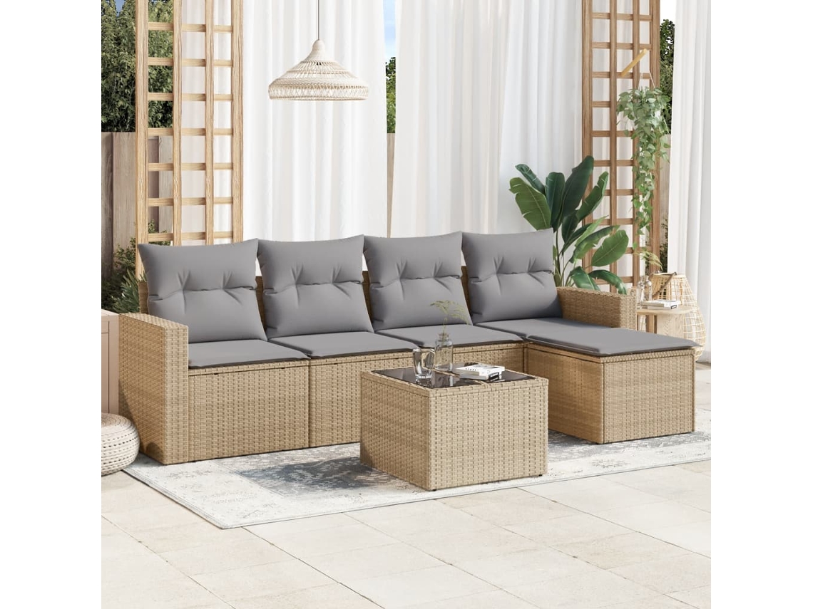 Vidaxl 6 Pcs Conjunto De Sofás P/ Jardim Com Almofadões Vime Pe Bege