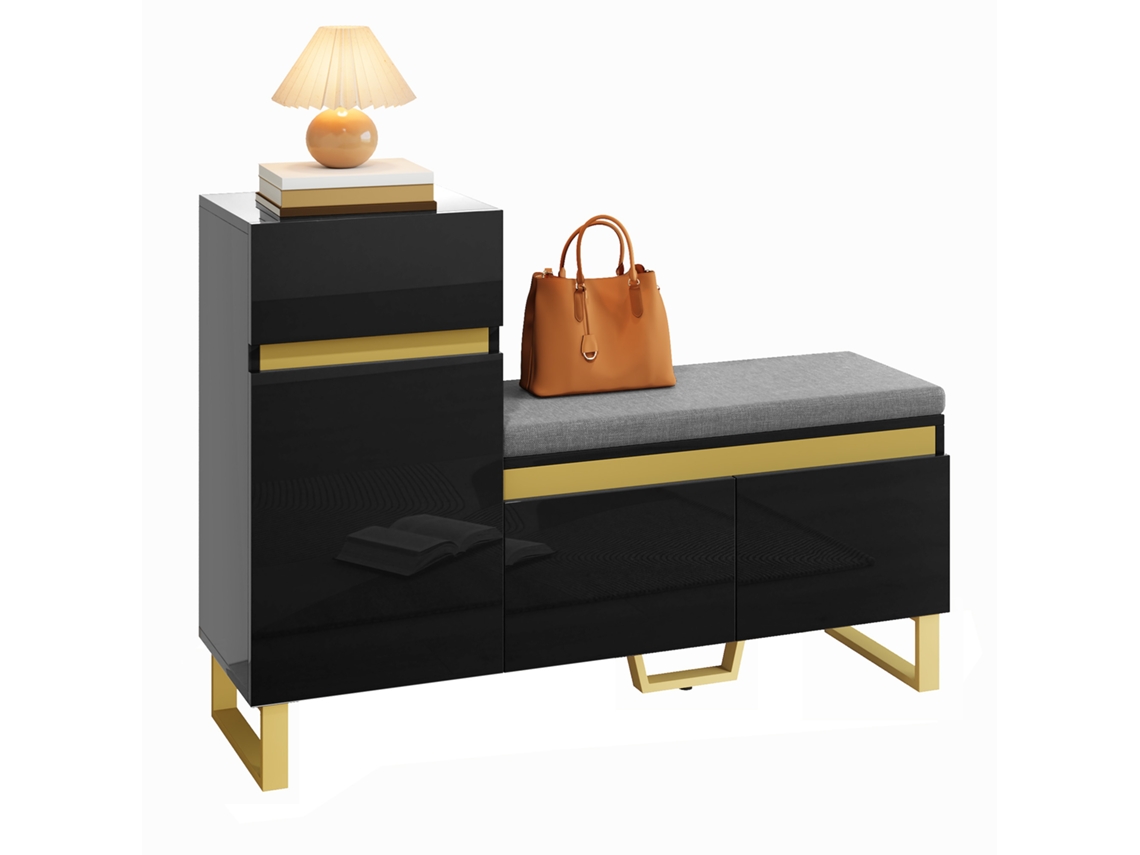 Armário Preto Dourado Banco Almofadado 3 Portas Gaveta