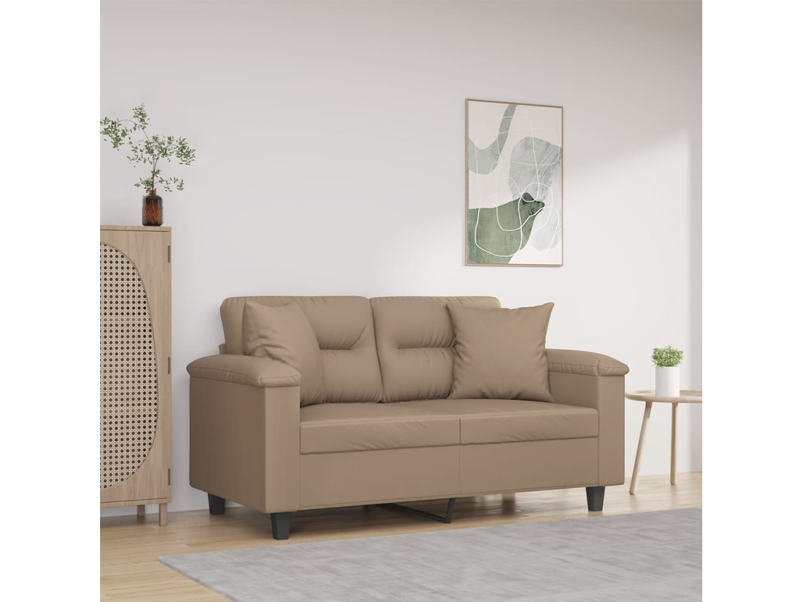 Sofá 2 Lugares HARLANV1 com couro artificial cappuccino 120 cm e almofadas