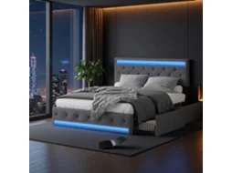 Cama 140x190 Cm Com Arrumação, Led, Usb, Cabeceira Ajustável Em Altura, 4 Gavetas, Tecido Linho Cinza, Estrado Incluído Ycone