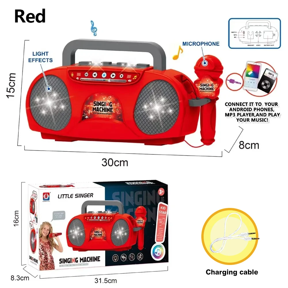 Máquina de Karaokê Elétrica Portátil com Microfone, Luzes e Instrumentos Infantis. MDUG (vermelho)