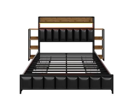 Cama Com Gavetas Led Prateleiras Uytie Pele Sintética Preto (160x200)