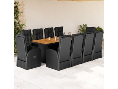 11 Pcs Conjunto de Jantar P/ Jardim com Almofadas Vime Pe Preto COMFORTXL
