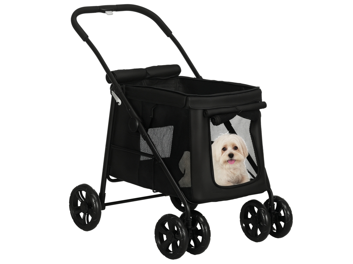 Carrinho para Cães Inclui Almofada, 3 Bolsos Laterais, Dobrável, Carrinho para Cães, 102 Cm X 62 Cm X 105 Cm, Preto Ge