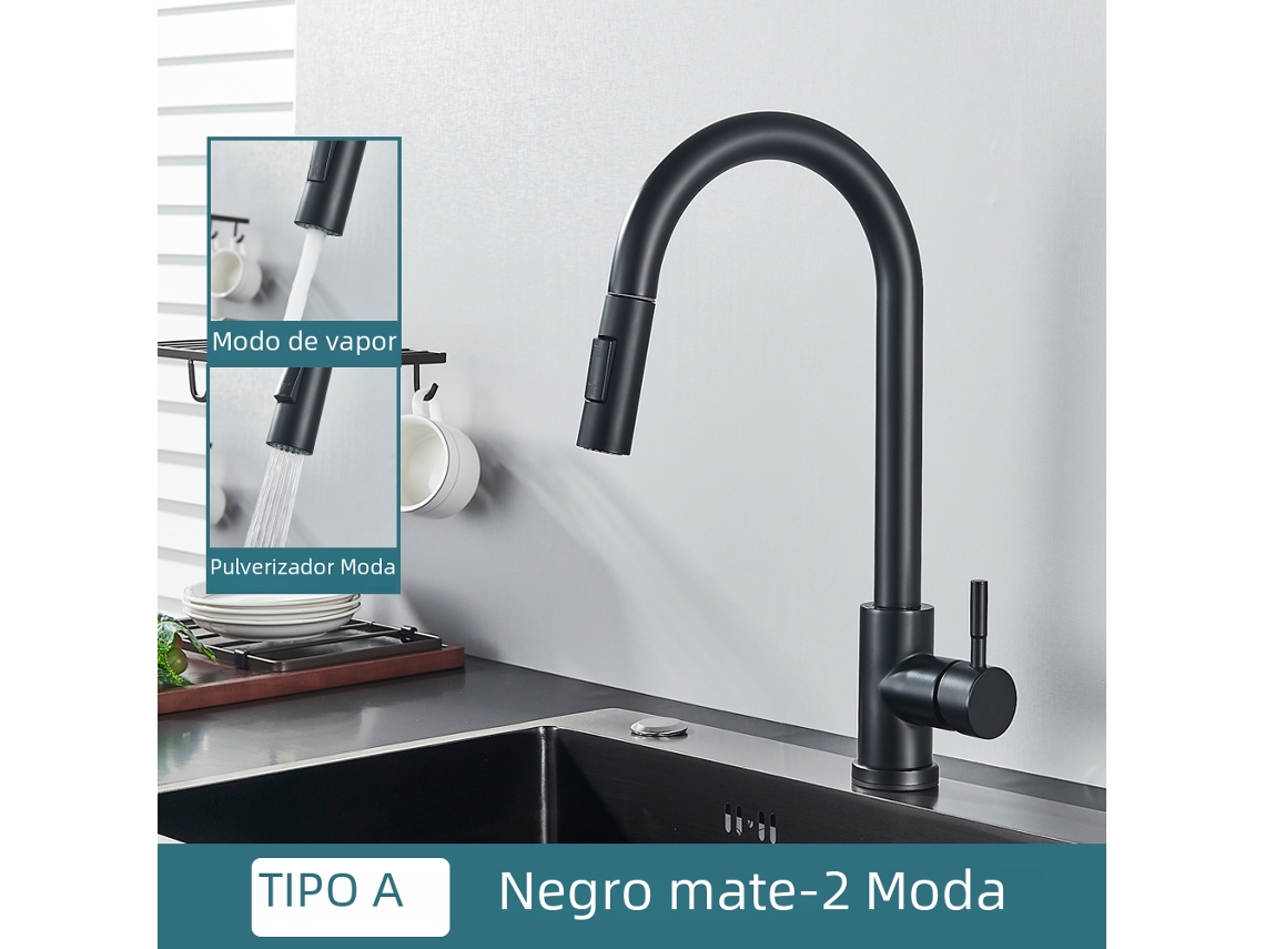 Torneira de Cozinha Dupla Função em Aço Inoxidável , com Alavanca Única e Bico Extensível, para Água Quente e Fria. MDUG (preta)