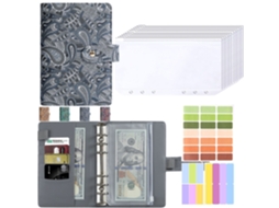 A6 Pu Faux Leather Loose Leaf Notebook With Zipper Pockets, Budget Planner Journal, Gray, 12-pockets, 3-color Stickers
