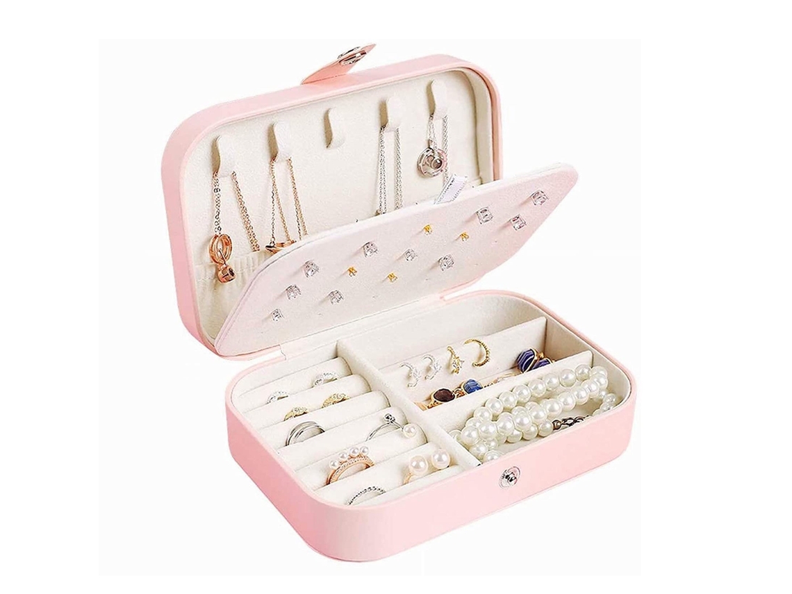 Caixa De Jóias Para Viagem Duas Camadas Rosa 16x11x5cm