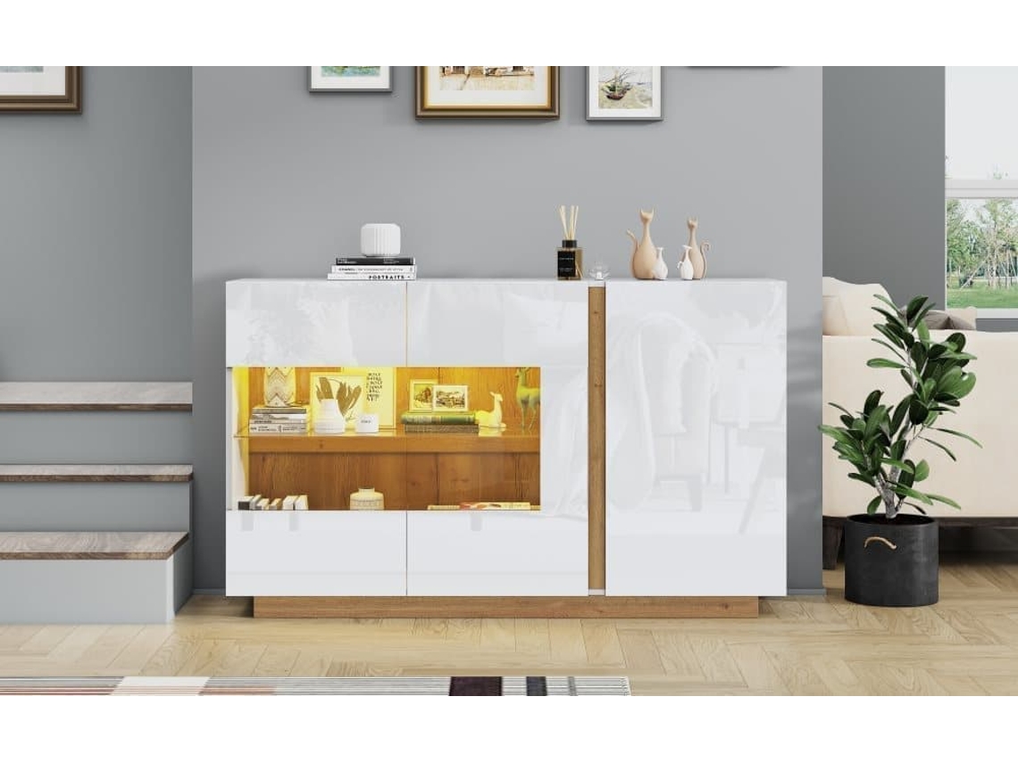 Móvel Aparador 138x38x90,5 Cm - Alta Brilho, Com Base Em Madeira, Tabuleiro Em Aglomerado E Vidro - Branco