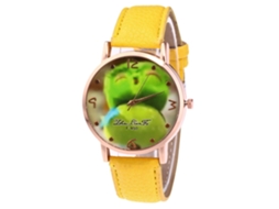 Relógio de quartzo unissex com pulseira de couro PU, mostrador com estampa de frutas, casual e moderno (amarelo)
