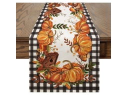 Mantel De Mesa De Calabazas Plaid Buffalo Con Hongos, Pajarera Y Hojas 13x70 Pulgadas