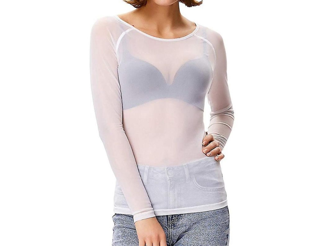 Blusa Transparente De Manga Longa Sem Costuras Para Mulheres Com Modelador De Braços Malha Casual Branco