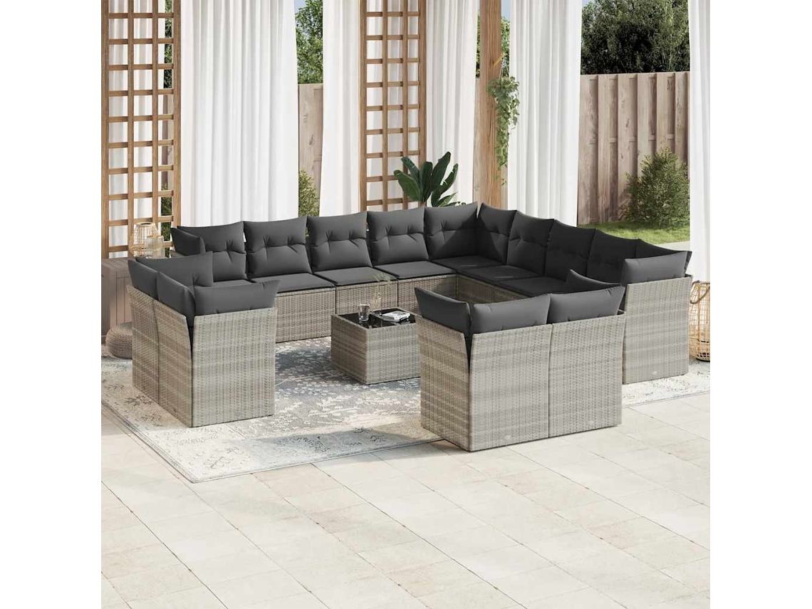 14 unidades Conj. Sofás Jardim Com Almofadões Vime Pe Cinzento Claro Dkd Home Decor