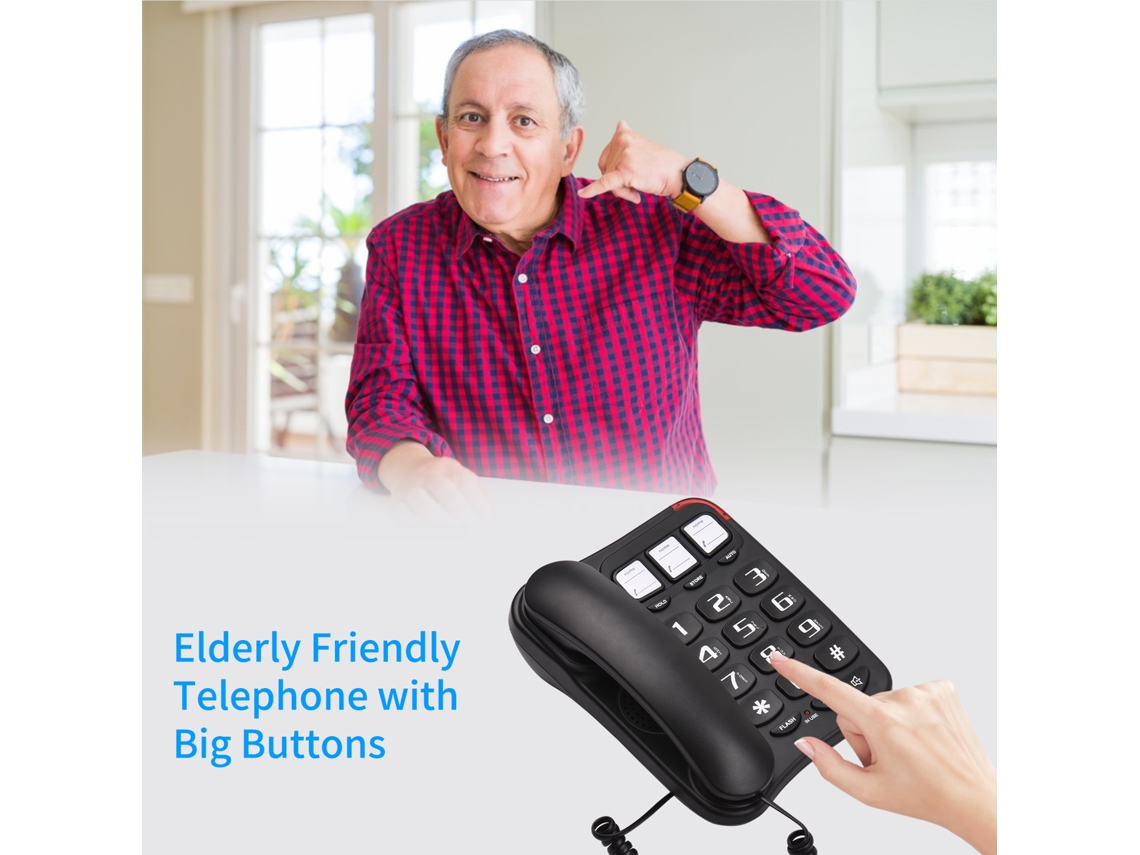 Telefone fixo com botões grandes, suporte, rediscagem, discagem rápida, parede, preto | S/MARCA