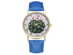 Relógio de quartzo unissex com pulseira de couro PU, mostrador com desenho de cacto, azul royal