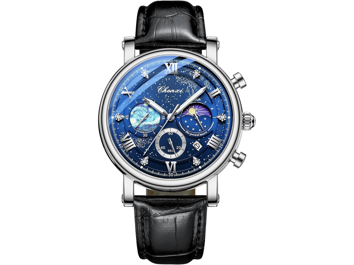 Lurelia Relógio Cronógrafo Masculino, Analógico, Luminoso, Detalhes Com Strass, Fase Da Lua, Aço Inoxidável, Couro, Resistente À Água 30m, Branco