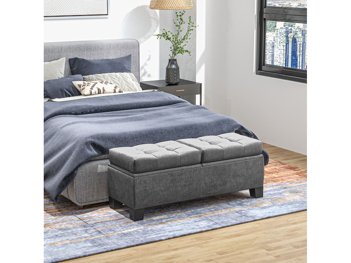 Cama De Armazenamento Em Tecido Cinza Acolchoado Com Banco De Baixo, 116x41x47cm