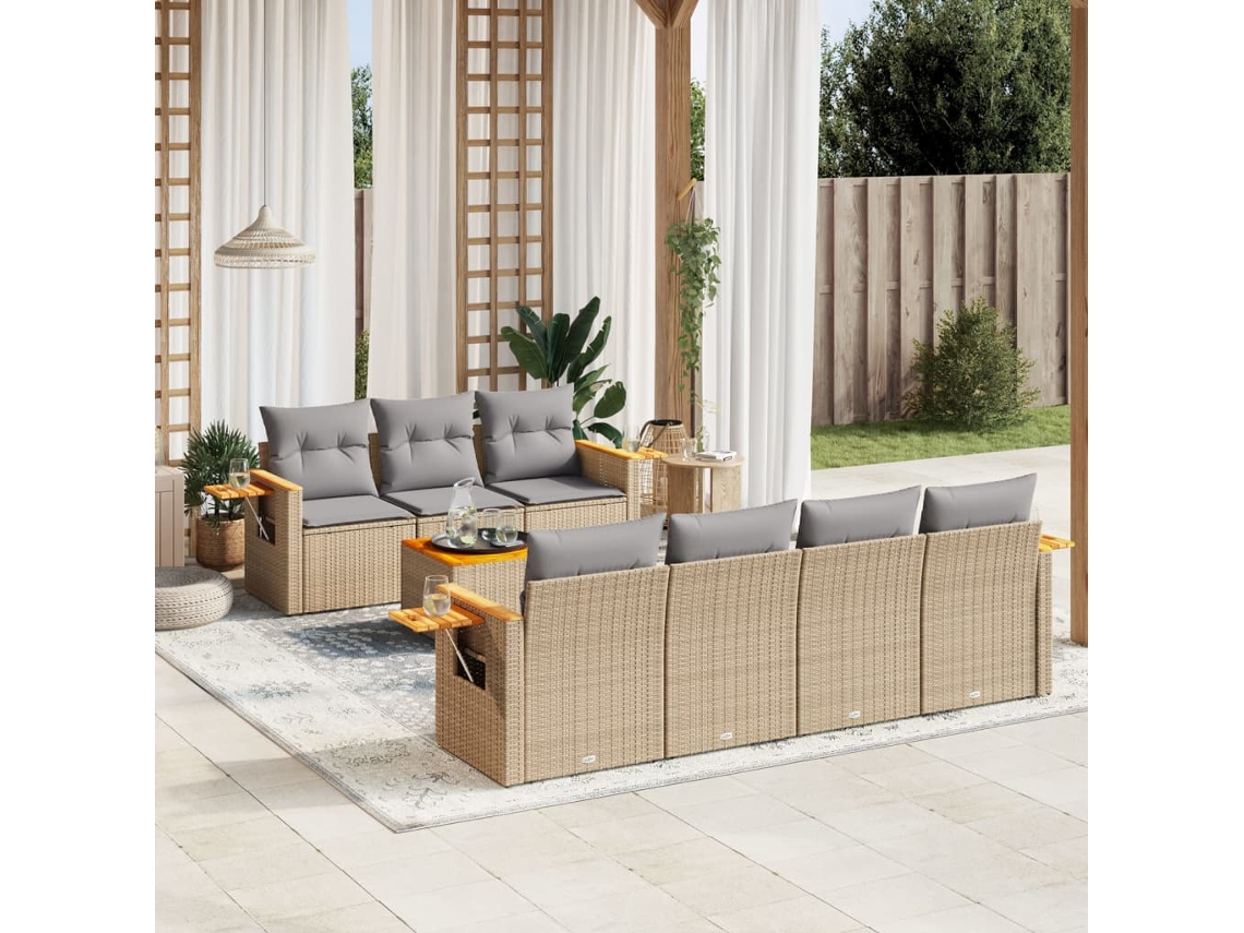 Vidaxl 8 Pcs Conjunto De Sofás P/ Jardim Com Almofadões Vime Pe Bege