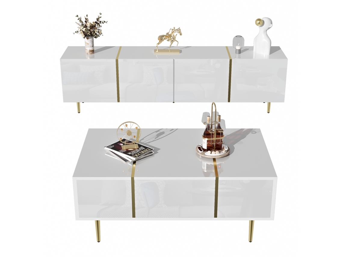 Kit Mesa Centro Tv Branco Brilho Sala Elegante VOLTEDGE