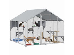 Gaiola Grande Exterior Com 2 Casinhas 7 Plataformas Para Saltar Cobertura Impermeável E Anti-uv 240x193x195 Cm Prata