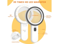 Lupa Manual, 30x, 12 Leds, 80mm, Vidro, Branco, Preto, Leitura, Idosos