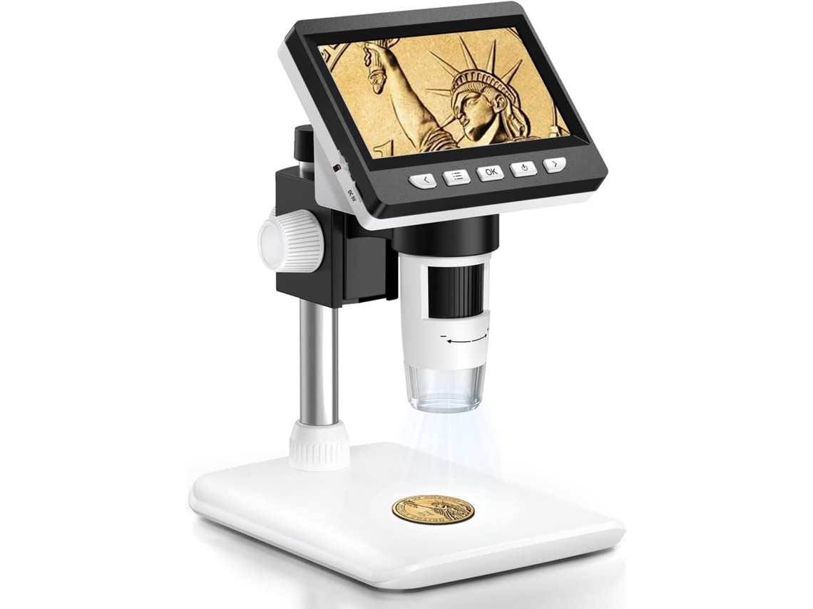 Microscópio Infantil Digital 1000x Com Ecrã Lcd 4.3" 1080p E 8 Leds Ajustáveis - Branco - Eifson