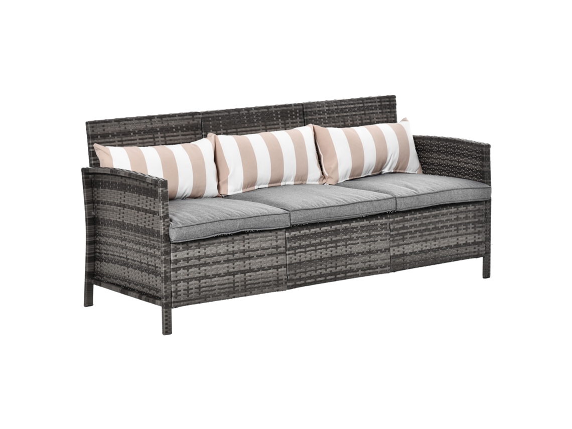 Sofá Externo 3 Lugares Rattan Pe. Almofadas Removíveis E Acolchoadas. Ideal P/ Jardim, Pátio E Terraço. 173x68x78cm. Cinza.