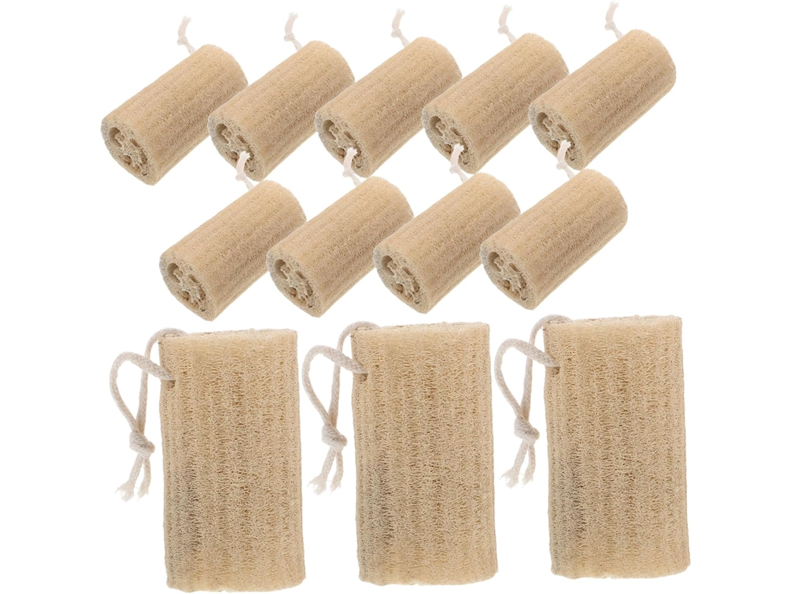 Conjunto de 12 esponjas vegetais reutilizadas para esfoliação corporal.