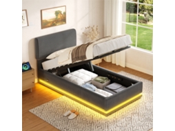 Cama Estofada Moderna 90*200cm, Led, Usb-c, Cabeceira Ajustável, Veludo Cotelê, Estrutura Ripas, Armazenamento, Cinza-op