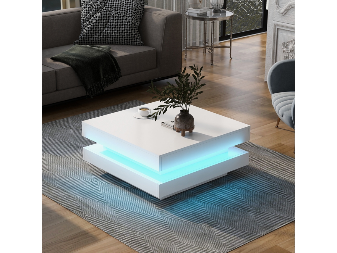 Mesa Centro Quadrada Branca Led Bluetooth 70x70x36 45kg Moderna Sala