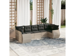 Vidaxl 7 Pcs Conj. Sofás Jardim Com Almofadões Vime Pe Cinzento-claro