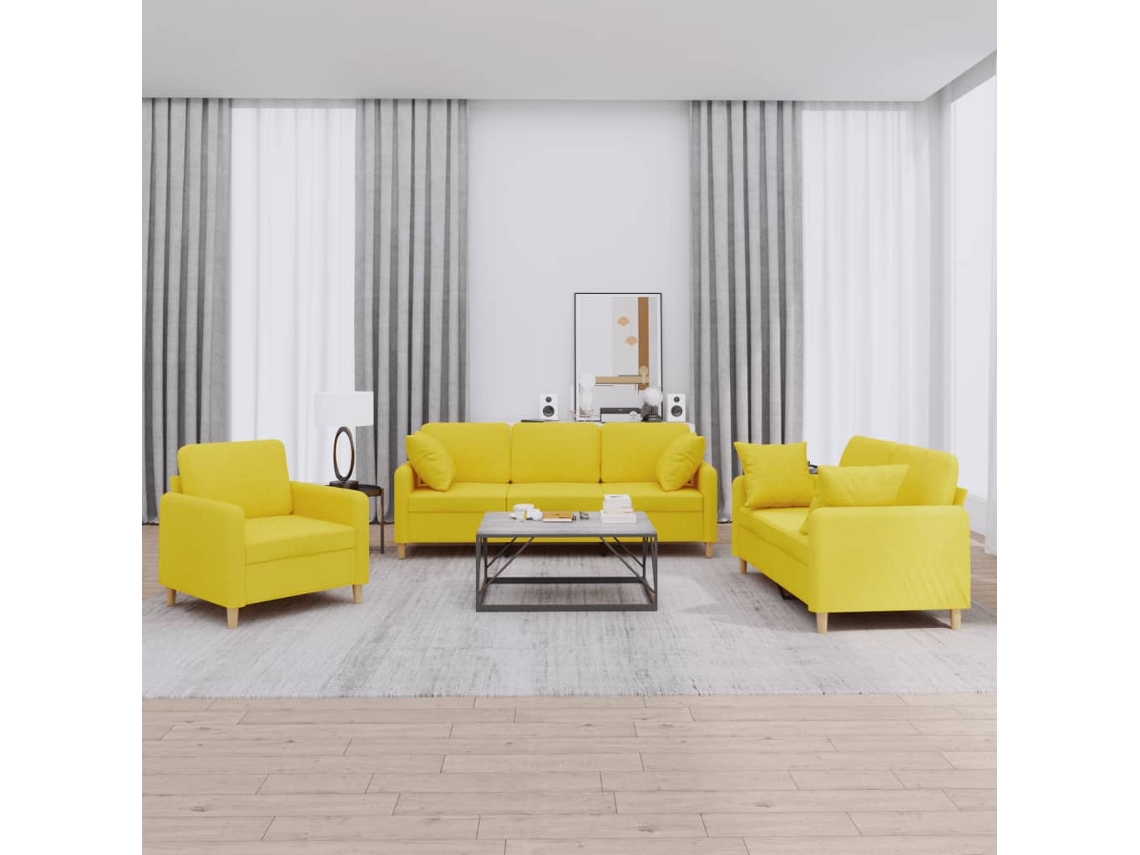 Vidaxl 3 Pcs Conjunto De Sofás Com Almofadas Tecido Amarelo-claro