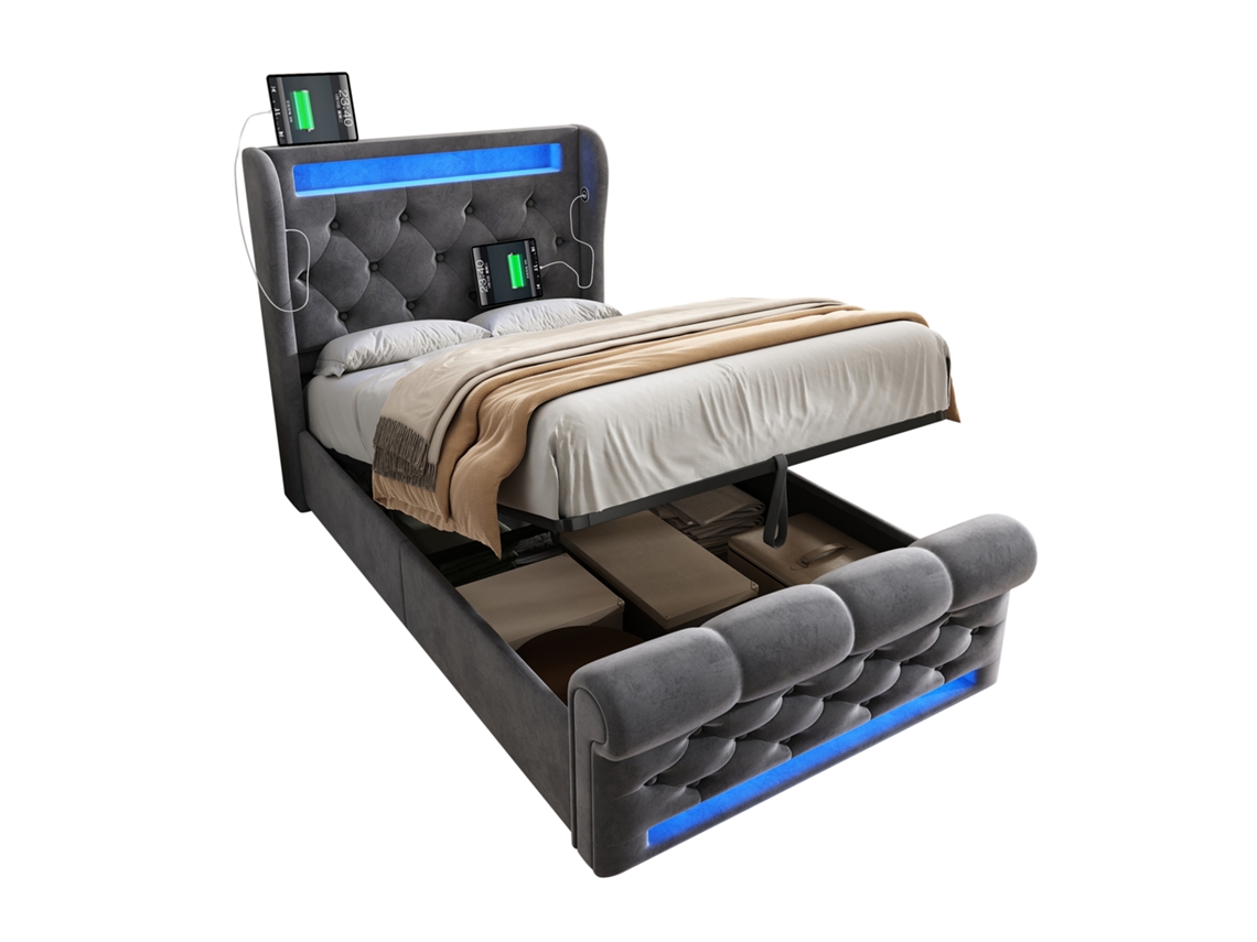 Cama Solteiro Estofada 90x200 com Led e Armazenamento PAPRIKA