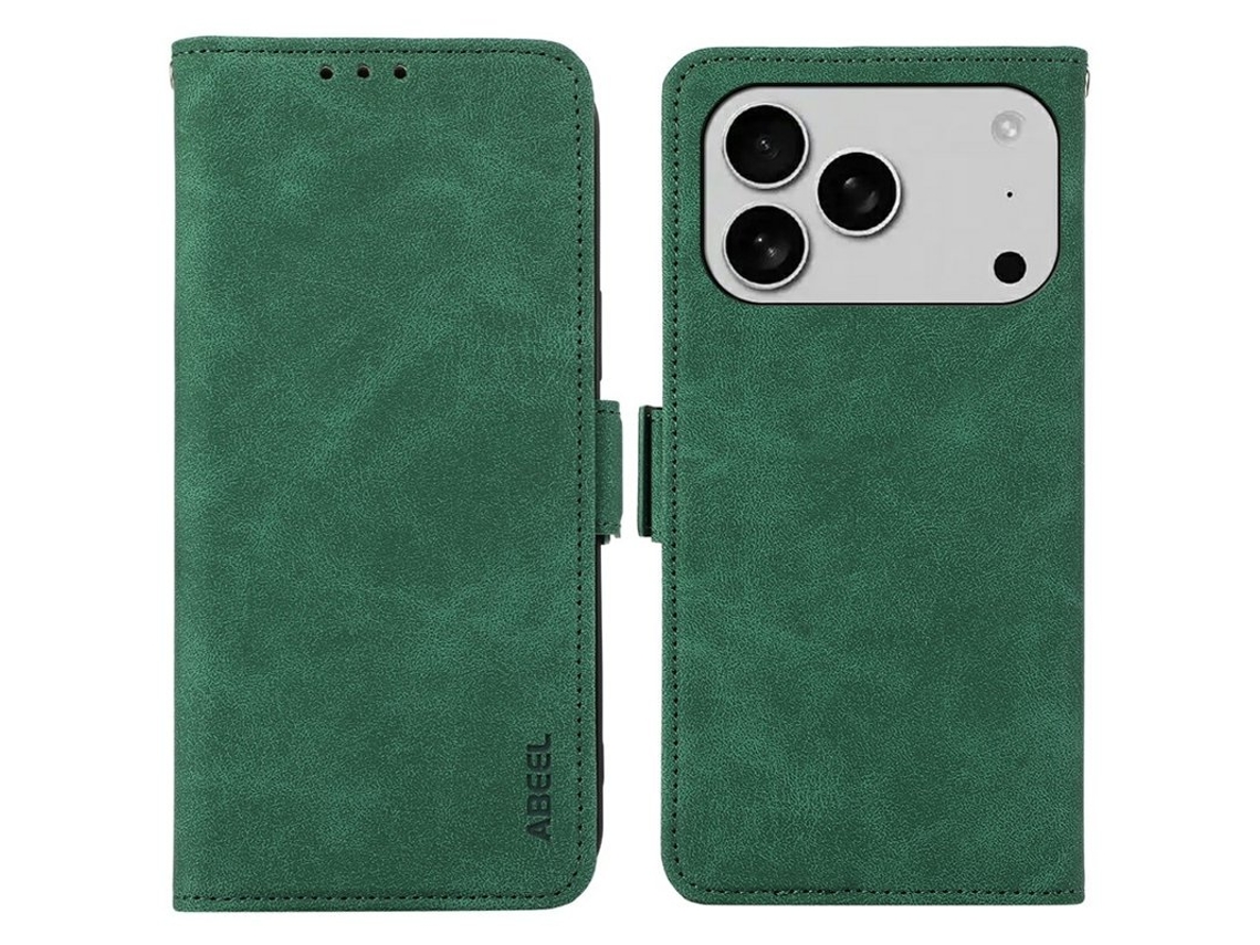 Capa Abeel Para Iphone 17 Pro Max Em Couro Sintético Com Suporte, Verde.