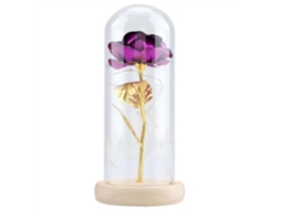 Rosa Preservada com Luz Led Capa de Vidro Base Madeira Roxa
