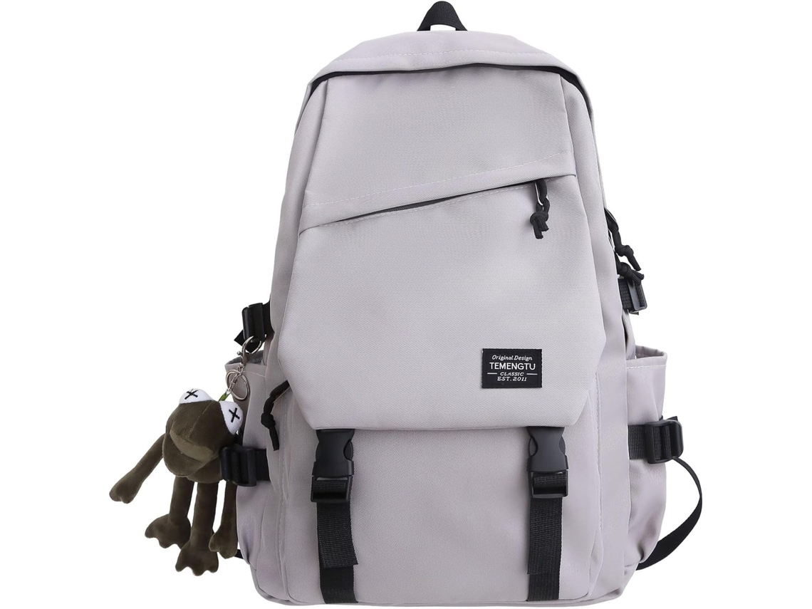 Mochila Laptop Nylon Cinza Claro Com Chaveiro De Sapo