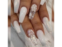 Unhas Postiças de Acrílico Branco com Flocos de Neve Formato Cofre para Mulheres e Adolescentes