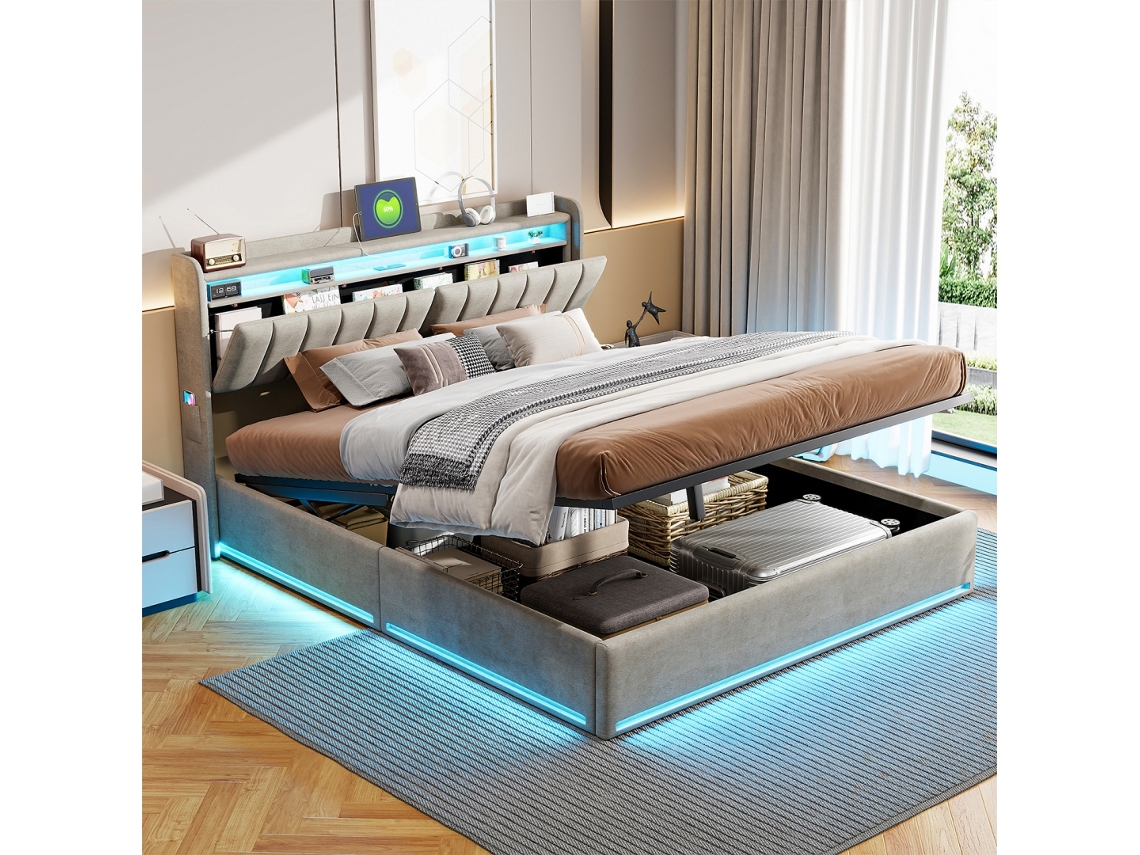 Cama Estofada 140x190cm Veludo Cinza com Led, Armazenamento BURSDANY