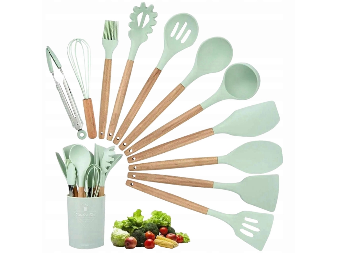 Jogo De Utenslios De Cozinha De Silicone E Madeira Com 12 Peas Nostalgia88