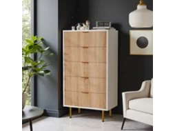 Comoda De 5 Gavetas 60x34x110cm, Gavetero Moderno Com Puxadores Dourados, Branco E Madeira Natural, Estilo Nórdico De Luxo Para Quarto