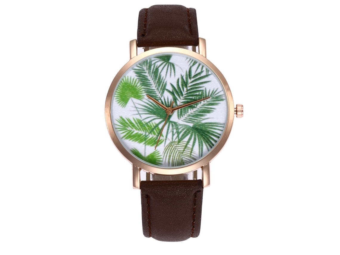 Relógio de Pulso Feminino Zhoulianfa com Pulseira de Pu e Padrão de Folha (marrom)