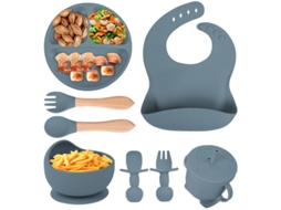 Conjunto de Alimentação para Bebê em Silicone, 8 Peças, Incluindo Ventosa, Tigela, Babador, Colher, Garfo e Copo com Canudo Azul PANOONA