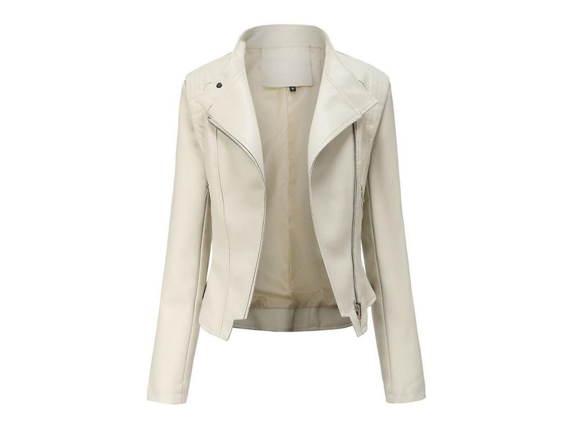 Jaqueta curta feminina Rebe em couro sintético, corte slim, com zíper assimétrico e bolsos laterais, tamanho G, cor creme.